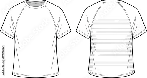 Raglan sleeve t-shirt technical flat sketch, short sleeve activewear shirt, front and back view, sportswear fashion vector illustration