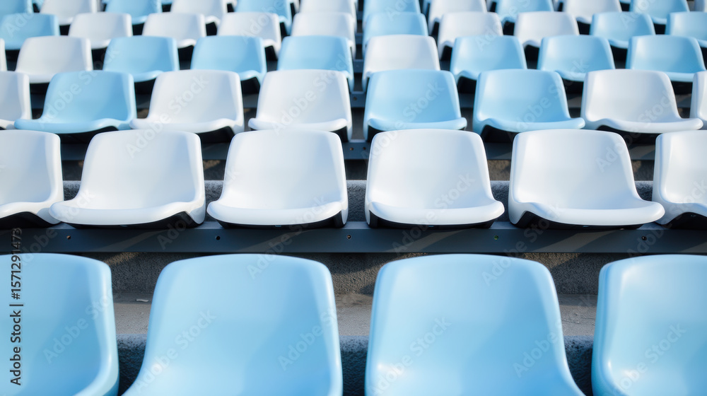 Fototapeta premium Empty stadium seats create serene atmosphere, showcasing modern design with blue and white colors