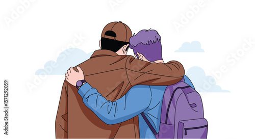 Two young men embracing friendship bonds and mutual support together