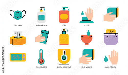 A Set of Sixteen Colorful Flat Vector Hygiene and Health Icons".