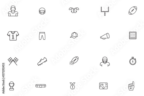 American football line icon set, simple outline symbols of game equipment and players, vector icons collection