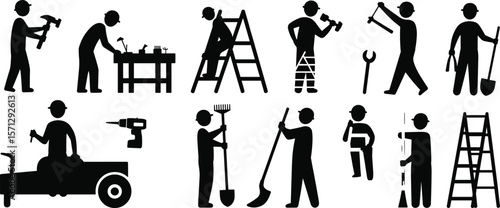 Silhouettes of workers using hand tools, ladders, drills, gardening tools, fixing machinery, performing construction and maintenance tasks outdoors