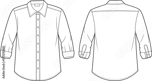 Men’s casual button-up rolled sleeve shirt flat sketch, front and back technical fashion drawing for apparel design and clothing template