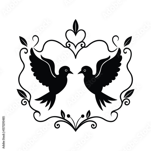 Two lovebirds face each other within an ornate heart shaped frame isolated on white background.