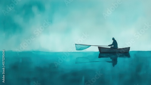 A traditional fisherman casting a wide net from a small wooden boat on a misty lake, illuminated by soft morning sunlight, watercolor, serene tones, natural elements. , closes up