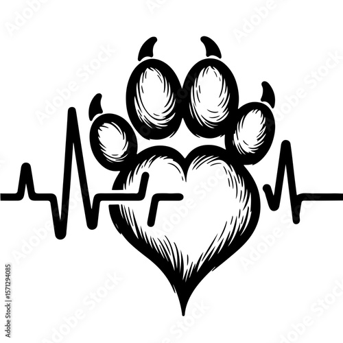 Heartbeat Line with Paw Print SVG