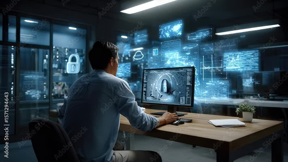 Person working at computer with holographic display Person working at computer with holographic display