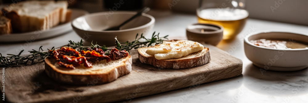 Fototapeta premium Thick bread toast topped with creamy cheese, dried tomatoes, and herbs served alongside a small bowl of olive oil. This dish showcases a delicious blend of flavors, banner