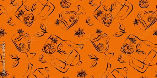 hand drawn mulled wine seamless pattern teapot glass orange and star anise on an orange background for autumn web design
