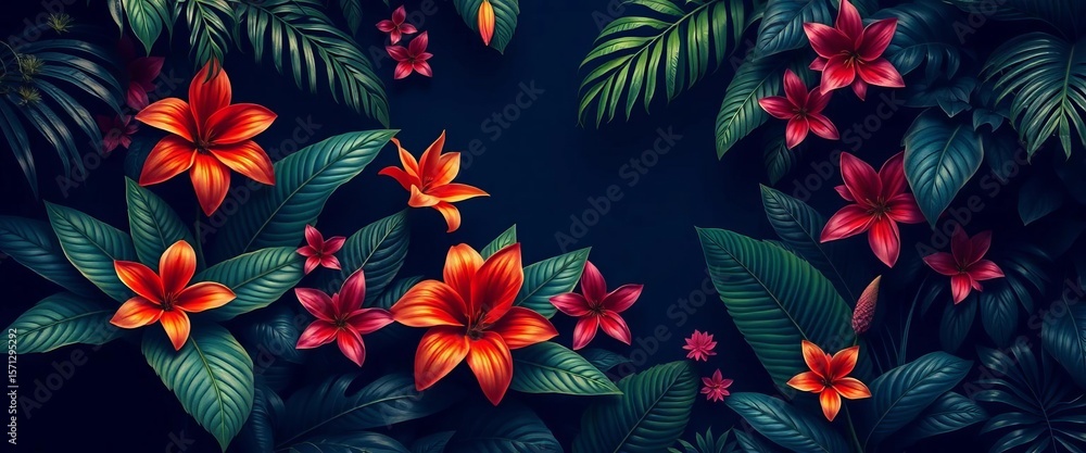 Dark jungle, vibrant tropical flowers & foliage on navy blue Trendy exotic print, fabric, texture Dark jungle, vibrant tropical flowers & foliage on navy blue Trendy exotic print, fabric, texture