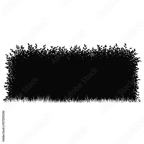 Black silhouette of lush green hedge with grass border on white background
