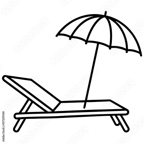 Sun lounger with umbrella line art vector illustration 