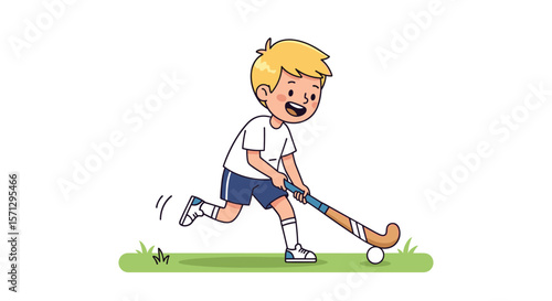 Young athletic boy plays field hockey enjoying outdoor sports activity in a sunny day