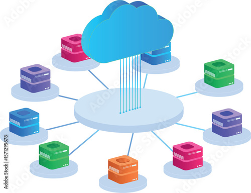 Cloud Computing. A  cloud connected to various servers  through a network of lines, with clear space around the graphic for text and transparent background. Isometric design for Data center concept