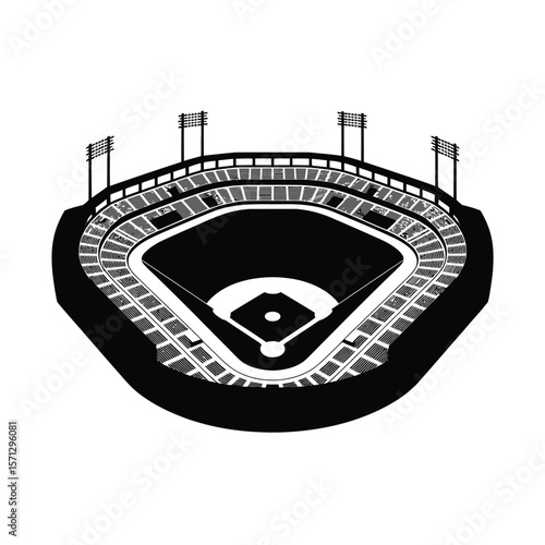 Black and white silhouette of a baseball stadium with stadium lights