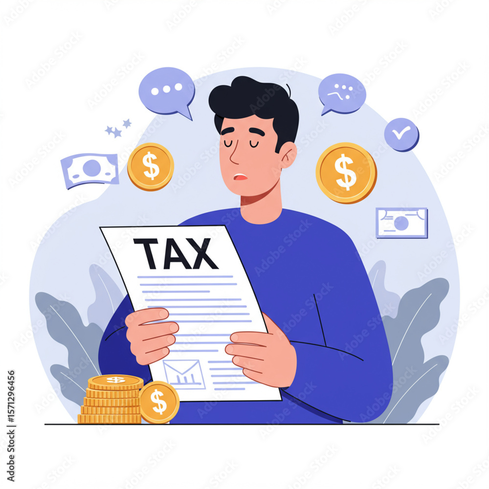 Relieved person after finishing taxes: Flat vector illustration on white backdrop. Relieved person after finishing taxes: Flat vector illustration on white backdrop.