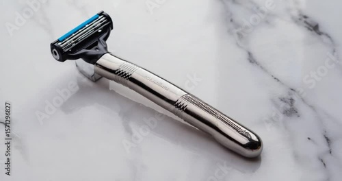 A chrome-plated razor lies on a white marble surface