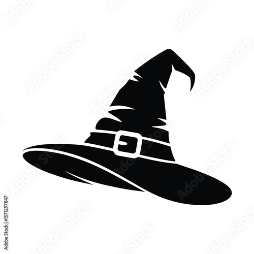 Classic black witch hat silhouette with a buckle and white background