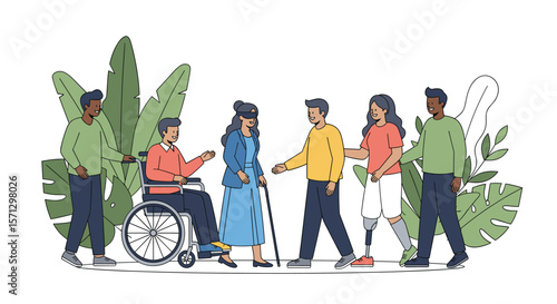 Diverse group of people with disabilities interacting together happily in a natural setting