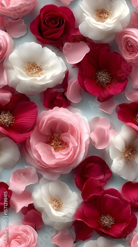 Vibrant floral arrangement with pink, red, and white blossoms