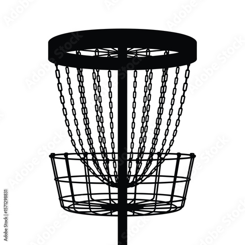 Black silhouette of a disc golf basket with chains on a white background