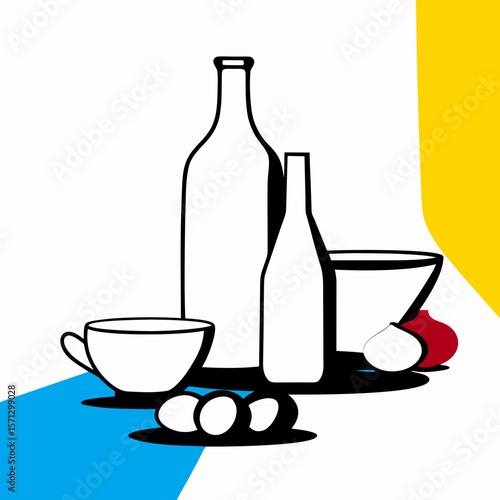 Simple Line Art Still Life: Bottles, Bowl, Eggs, Cup