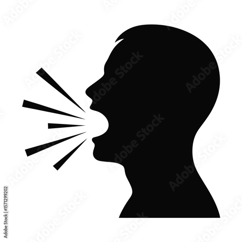 Silhouette of a man s head shouting with sound waves emanating from his mouth