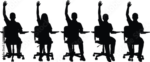 Silhouette of students raising hands in class, sitting on chairs with desk arms, education concept, isolated black vector illustration