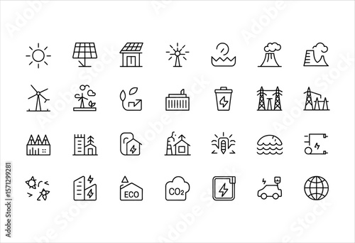 Renewable Energy and Sustainable Resources Pictogram Set Clean Energy Production and Eco-Friendly Practices for a Greener Future
