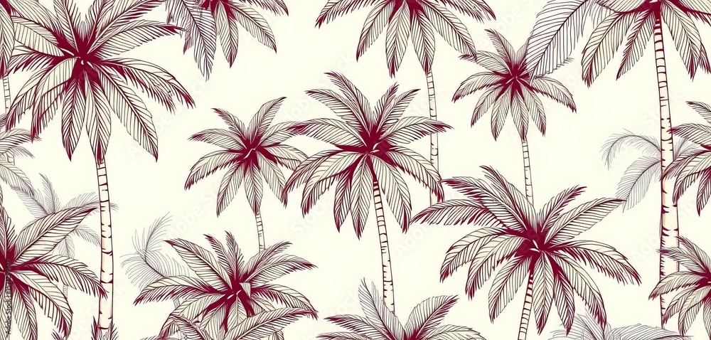Fototapeta premium Vintage linear tropical palm tree seamless pattern Vector botanical illustration for wallpaper, textile, wrapping paper, white, summer
