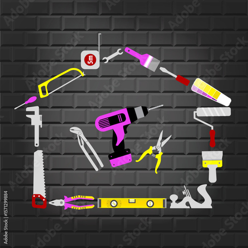 Professional handyman services concept. Silhouette of a house made from repair tools on grey brick wall.  Set of repair tools on for your design. EPS10.