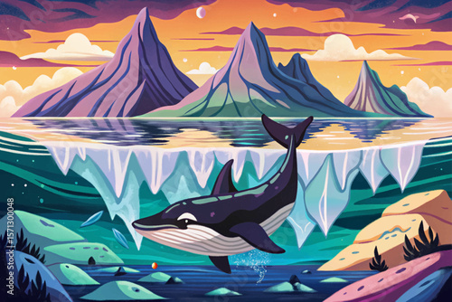 Iceberg landscape, split view ocean scene, underwater whale silhouette, arctic nature vector, cold environment, sea wildlife, global warming concept, marine life, iceberg floating, polar design