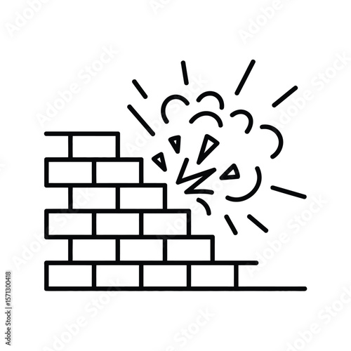 Abstract line art illustration of a brick wall breaking apart with debris and explosion effect