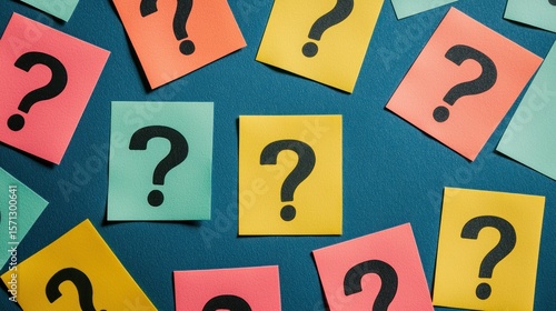 Question marks scattered on a blue background. The concept of uncertainty and confusion. The image evokes a sense of curiosity and reflection.