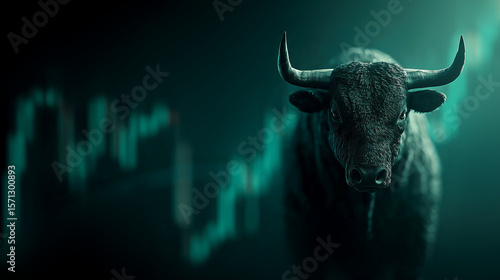 Wallpaper Mural Powerful bull stands against backdrop of rising stock market charts, symbolizing financial growth and optimism Torontodigital.ca