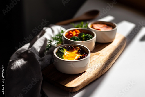 Assorted Mini Casseroles with Vegetables in White Ramekins on Wooden Board