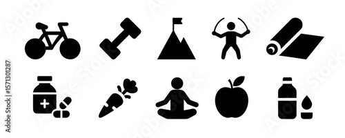 Self-Care, Fitness and Healthy Eating, Wellness Icon Set. A lifestyle-focused icon set combining personal care elements like skincare, exercise, and healthy meals.
