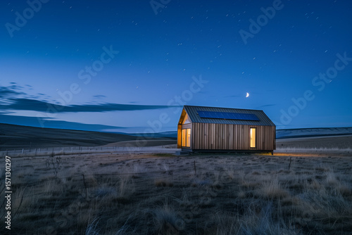 Remote Off-Grid Wooden Tiny House with Solar Panels Under Starry Night Sky