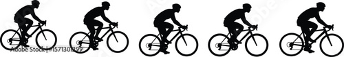 Silhouettes of cyclists riding bicycles in motion, group of men biking, competitive road cycling, outdoor sport vector illustration