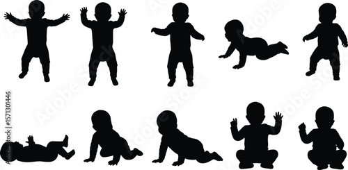 Silhouettes of crawling, standing, sitting babies, baby movement vector set, toddler positions black shadow illustration, isolated on white background