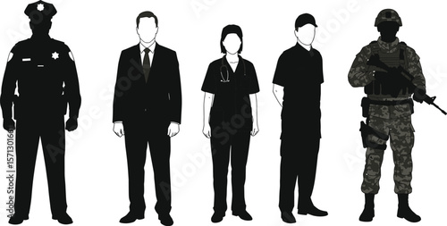 Silhouettes of five different professions including police, businessman, doctor, delivery worker, soldier, diverse careers concept, occupation illustration, vector graphic