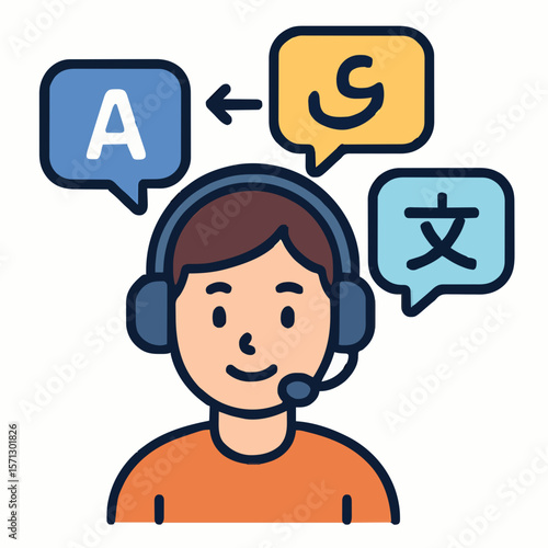 Illustration of language learning with headset, microphone, and bilingual dialogue. Ideal for translation, education, and global communication themes. High-quality art for language courses, cultural e