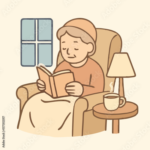 Cozy elderly person reading a book by a window with a warm lamp and cup of tea, wrapped in a blanket. Perfect for senior lifestyle, relaxation, cozy home, and winter reading themes. High-quality illus