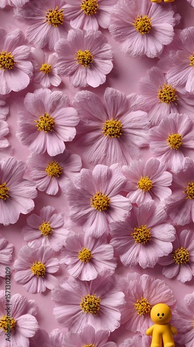 Playful yellow figure among vibrant pink flowers
