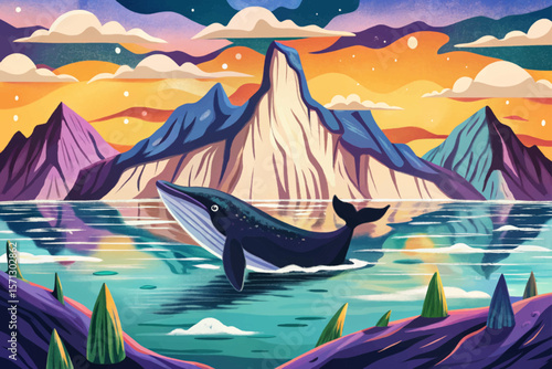 Iceberg landscape, split view ocean scene, underwater whale silhouette, arctic nature vector, cold environment, sea wildlife, global warming concept, marine life, iceberg floating, polar design