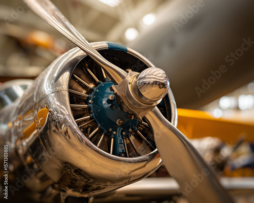 Close-Up of Polished Radial Aircraft Engine and Propeller
