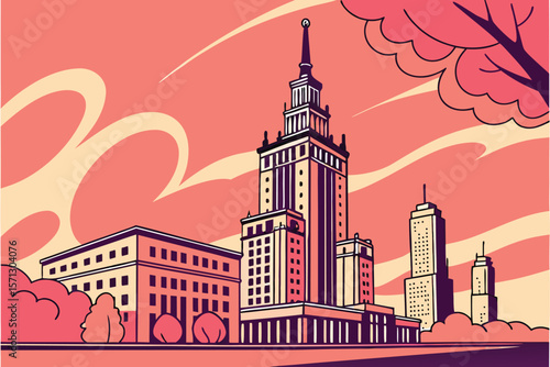 Illustration of a city skyline featuring tall buildings and a prominent tower against a pink sky backdrop