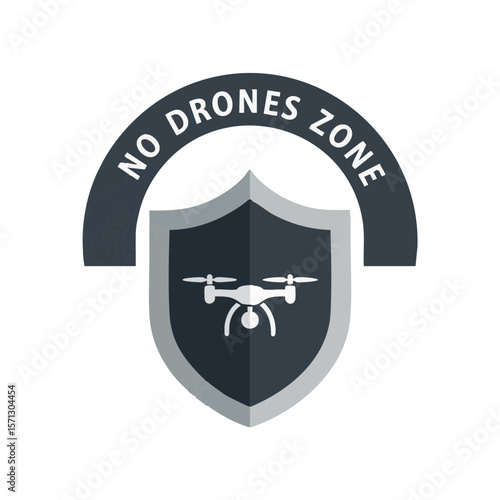 Drone in Security Shield with Arching “No Drones Zone” Label, Flat Icon