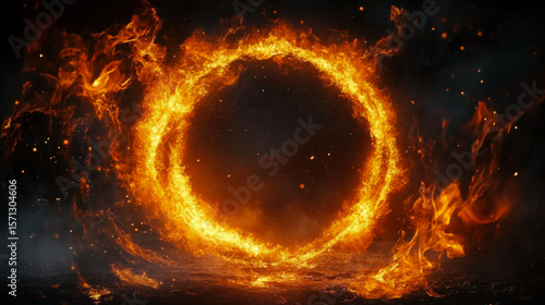 circle with flames burning. a huge fire exploded. sparks on a dark background