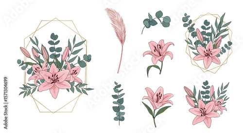 Elegant pink lily floral arrangements with geometric gold frames for wedding invitations and decor